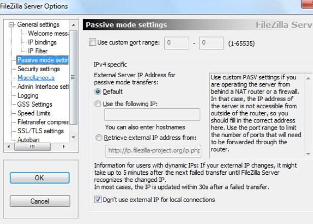 установка и настройка ftp-сервера filezilla, вкладка Passive mode settings