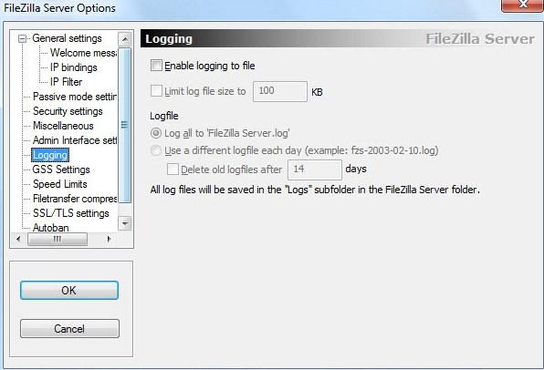 установка и настройка FTP FileZilla Server - скриншот 14 - вкладка Logging