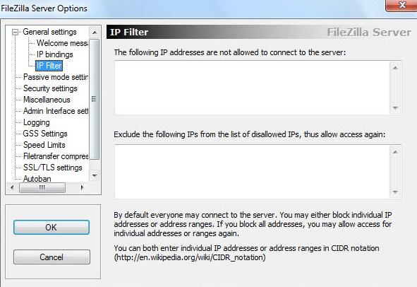 установка и настройка ftp-сервера filezilla, вкладка IP Filter
