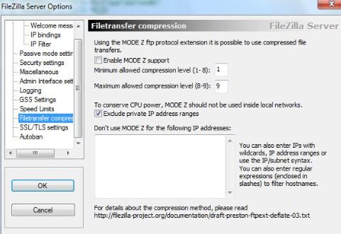 установка и настройка ftp-сервера filezilla, вкладка Filetransfer compression