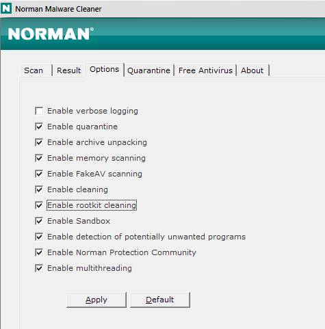 Norman Malware Cleaner - скриншот 2 - настройка вариантов сканирования