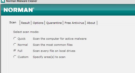 Norman Malware Cleaner - скриншот 3 - тип проверки - быстрый, нормальный, полный и пр