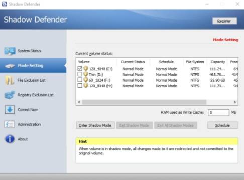 обзор Shadow Defender - защита компьютера - главное окно программы - скриншот 1