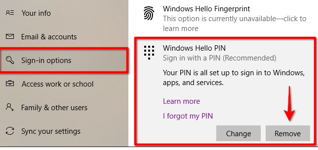 Как удалить свой ПИН-код и другие параметры входа из Windows 10 - скриншот 4