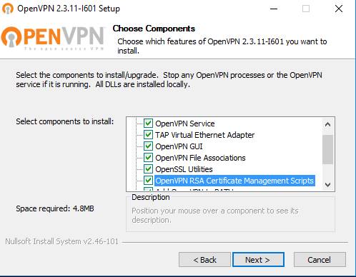 Выбор компонентов OpenVPN