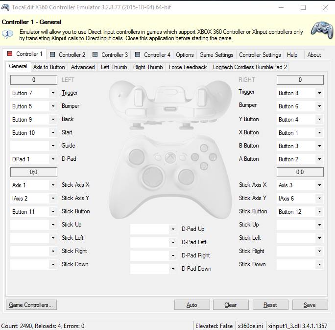 значения кнопок джойстка и раскладки контроллера в Xbox 360 Controller Emulator