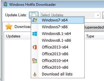 Windows Hotfix Downloader - выбор продукта для обновления