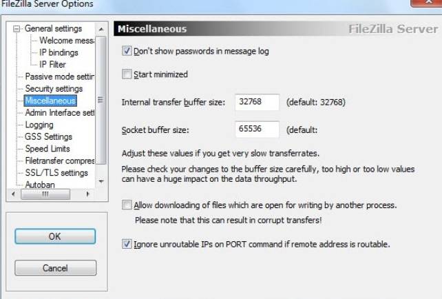 установка и настройка FTP FileZilla Server - скриншот 12 - вкладка Miscellaneous